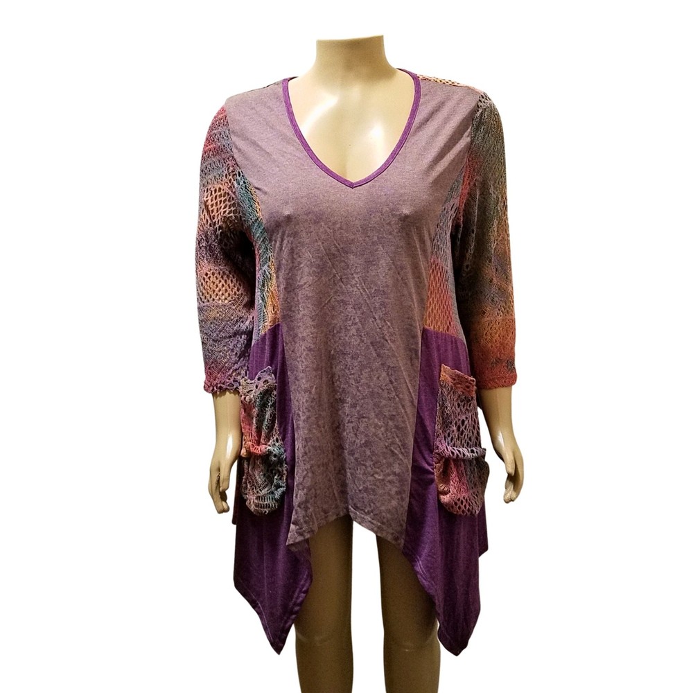 Aster by Firmiana Colorful Tie Dye Asymmetrical Pointelle Oversized Tunic Top 3X